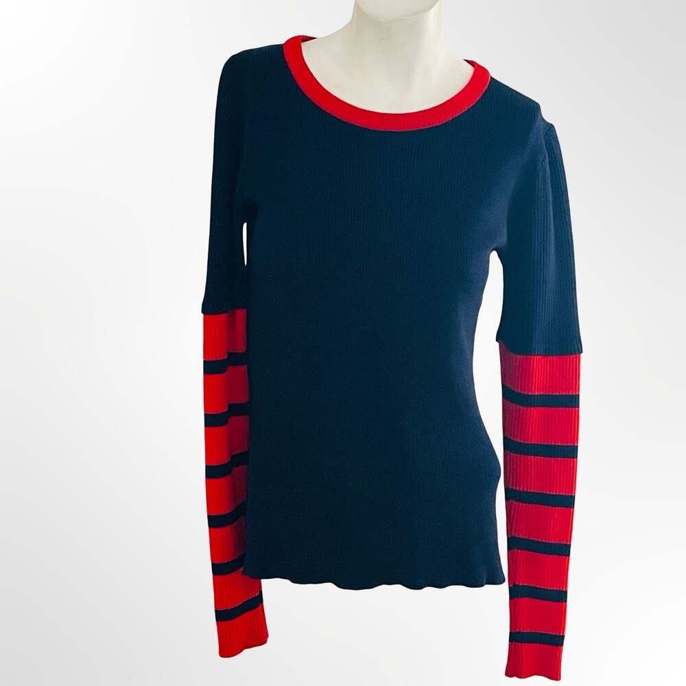 Andros Navy and Red Striped Long Sleeve Ribbed Knit Sweater - Picture 2 of 8
